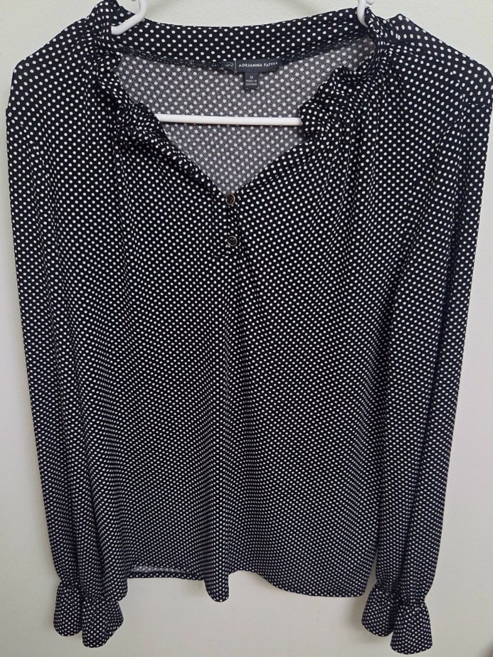Adrianna Papell Black & White Polka Dot Ruffle Neck Blouse - M